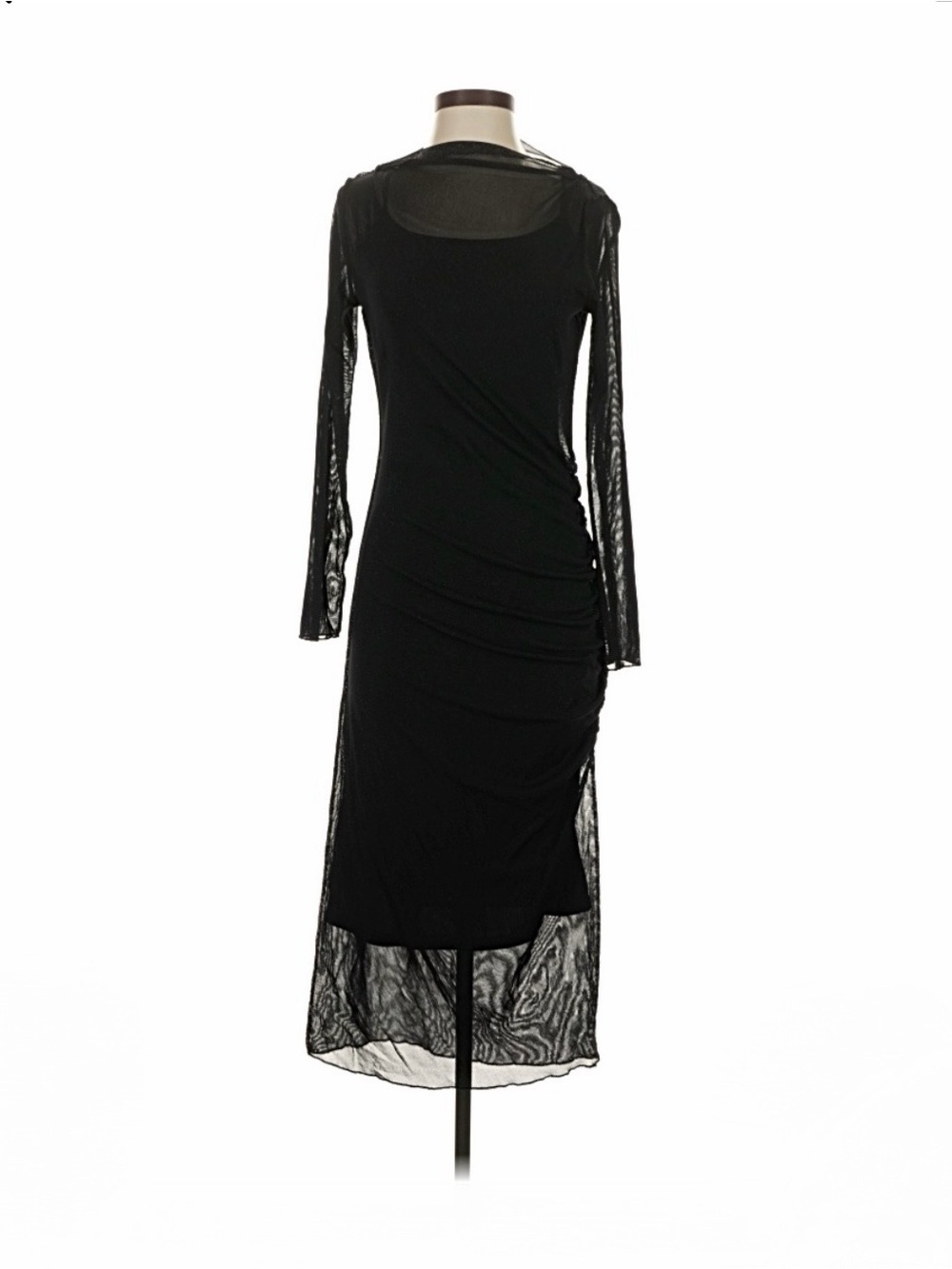 Long-Sleeve Mesh Overlay Midi Dress - Size Small - Black